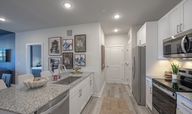 granite countertops, flat top stove, wood style flooring and cabinetry with stainless steel appliances