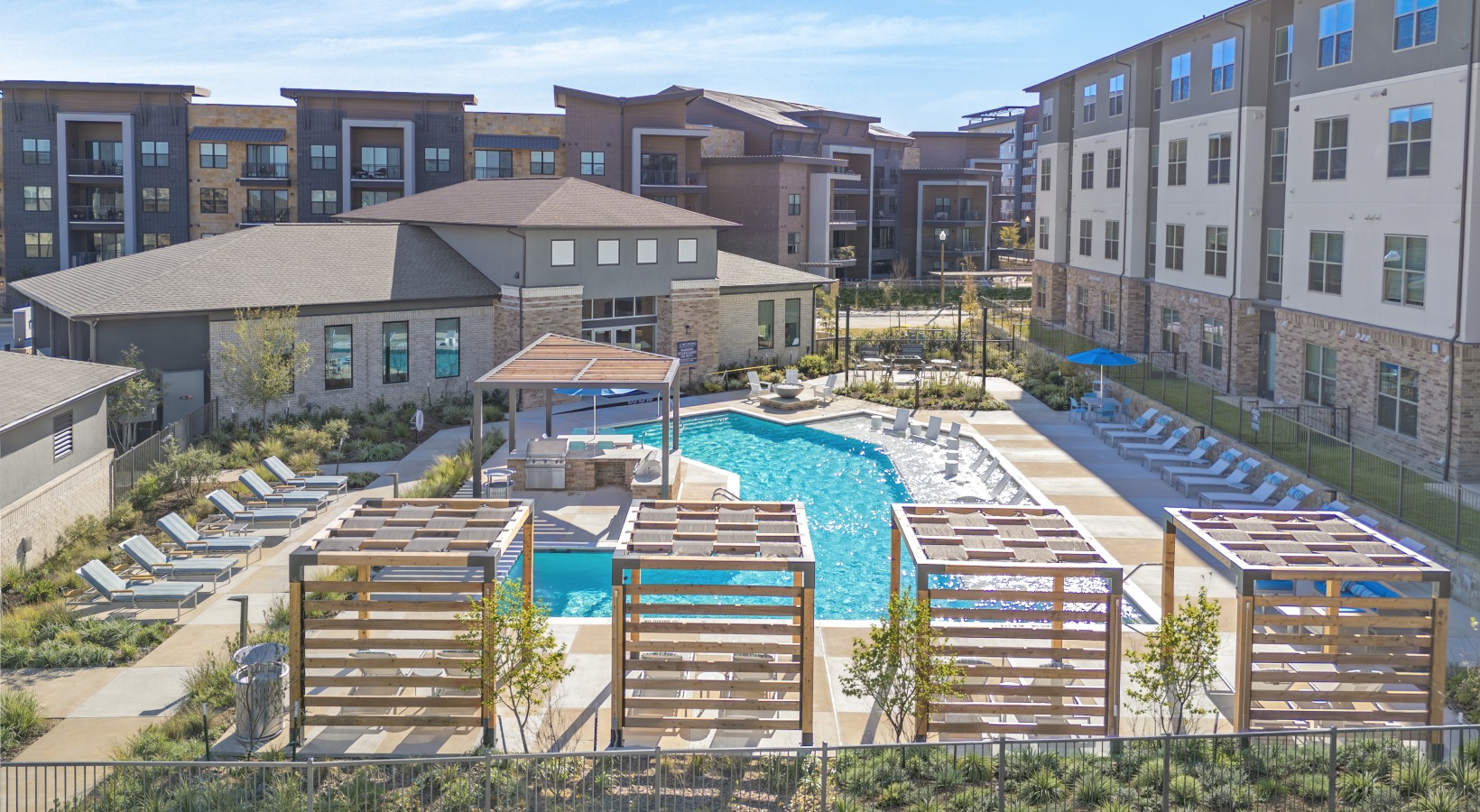 pool with lounge chairs, grilling, cabanas