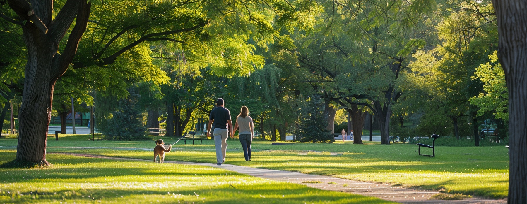 two people walking in park with dog
