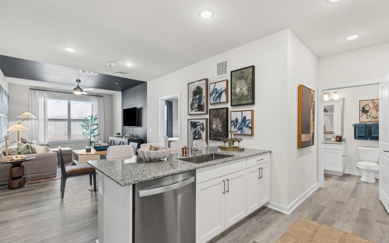 Open concept living a kitchen with white cabinets